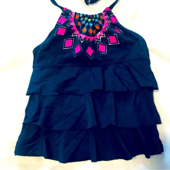 💜3/$30 Lands End 8s Girls Ruffle Tankini Swimsuit Top Navy Blue/Pink - Picture 1 of 7